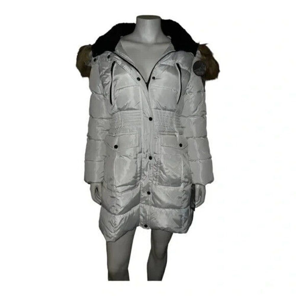Steve Madden Juniors Faux-Fur-Trim Hooded White Puffer Coat Small New